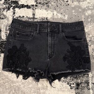 Black Lace Trim Denim Shorts